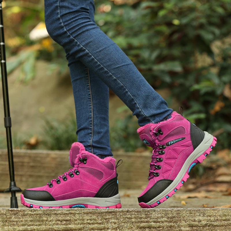 Women’s High-Top Hiking Shoes Cowhide Fleece-Lined Outdoor Sneakers