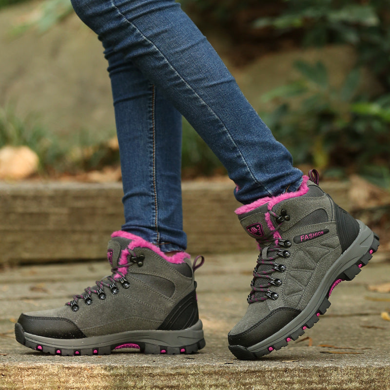 Women’s High-Top Hiking Shoes Cowhide Fleece-Lined Outdoor Sneakers