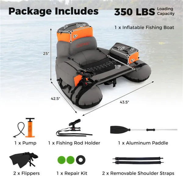 350lbs Inflatable Fishing Float Tube With Rod Holder And Fish Ruler