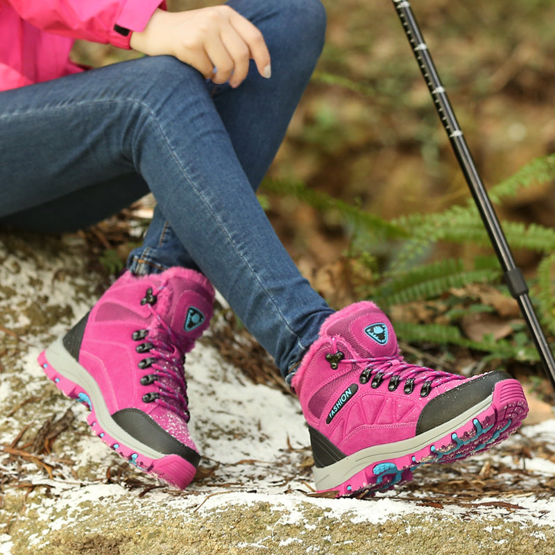 Women’s High-Top Hiking Shoes Cowhide Fleece-Lined Outdoor Sneakers