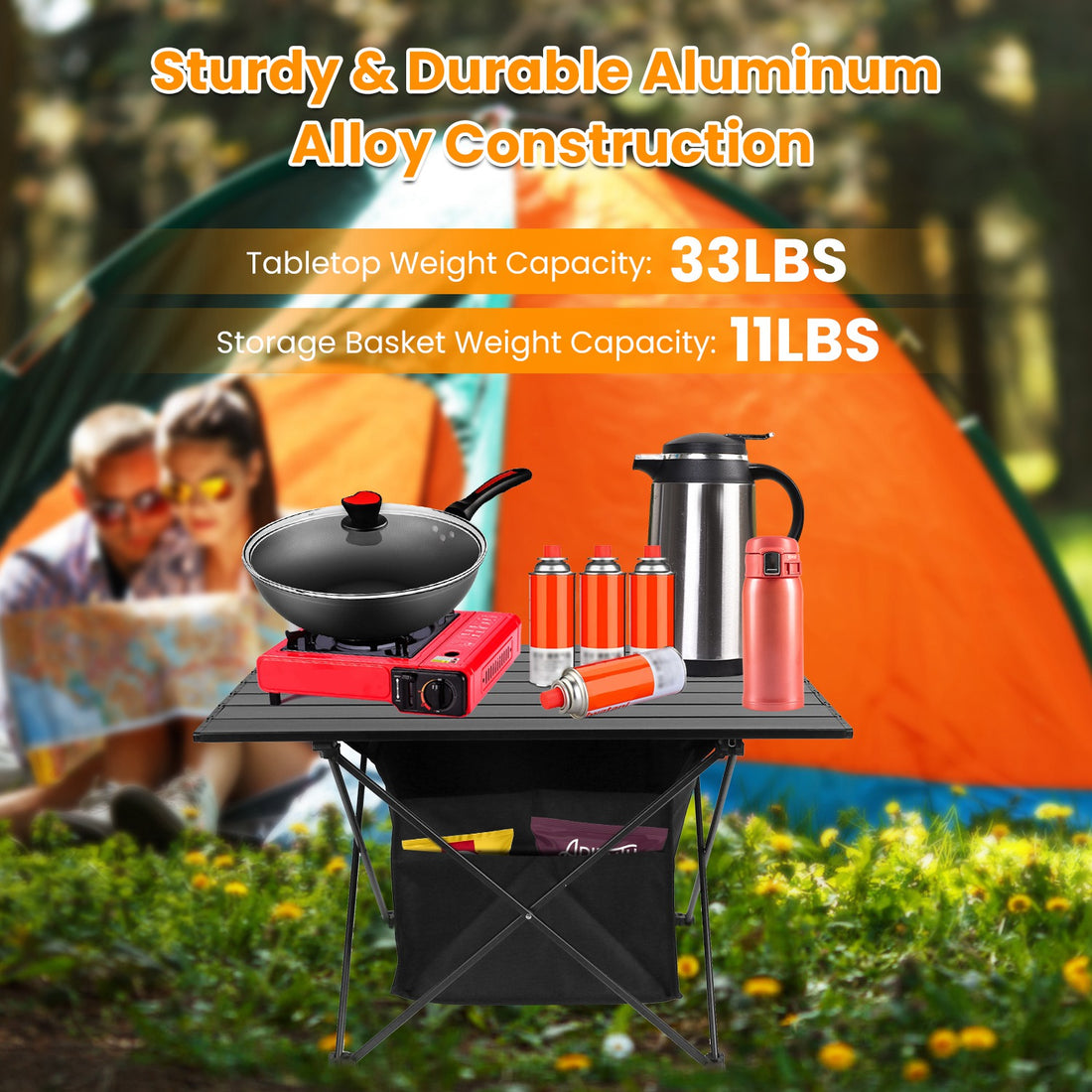 Foldable Aluminum Camping Table With Storage Basket And Carry Bag
